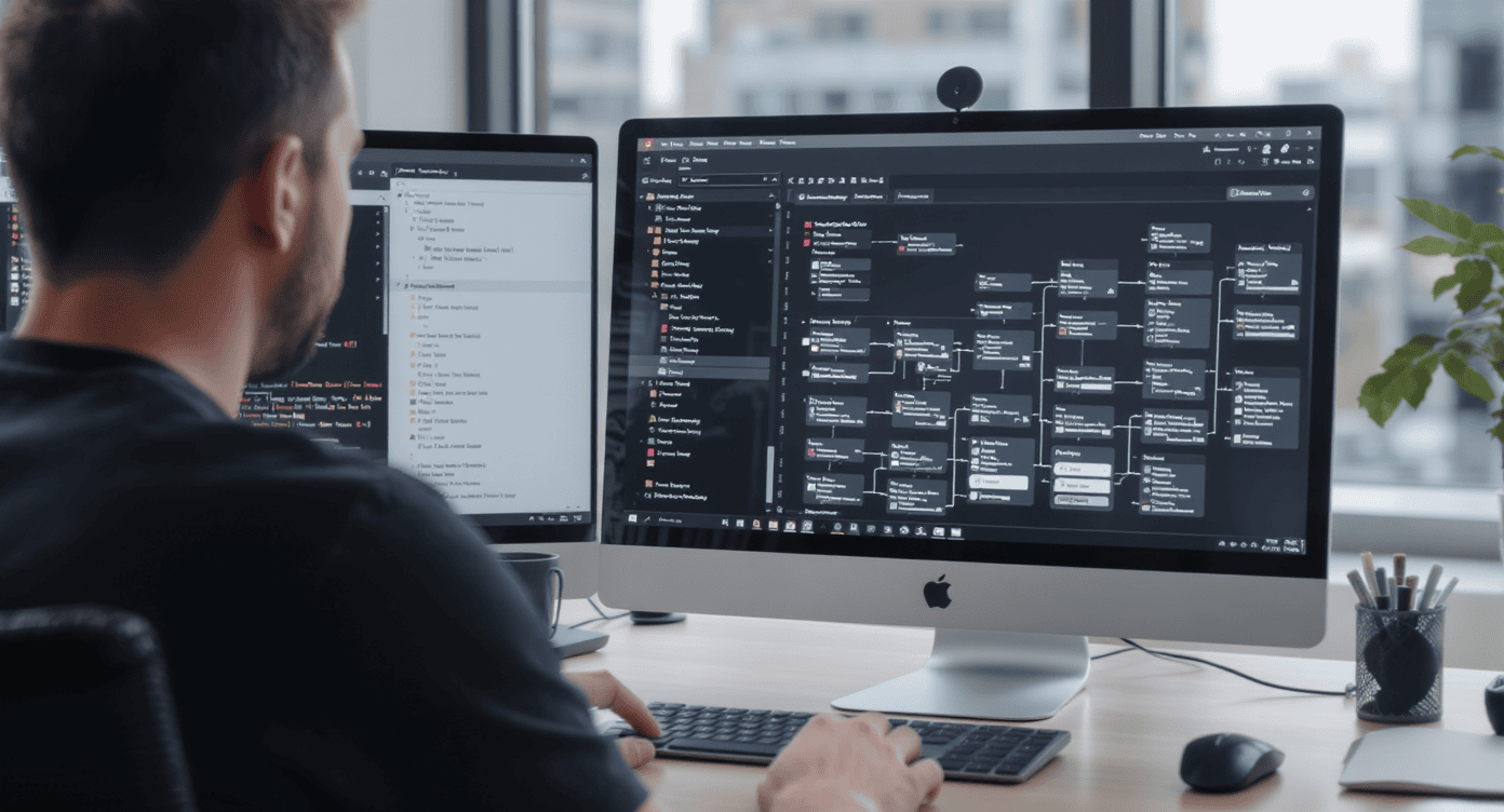 Profissional desenvolvendo fluxo de automação com interface visual em plataforma de low-code