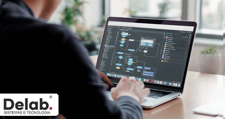 Pessoa configurando automações inteligentes com interface low-code no Zoho Creator em notebook