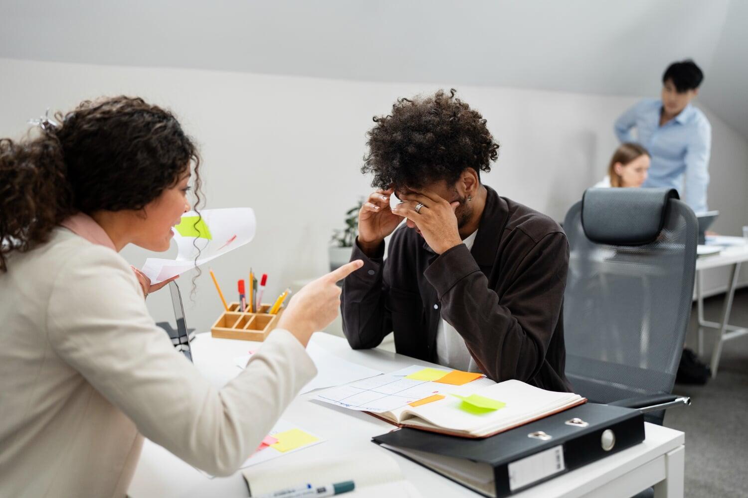 Colaborador com expressão de estresse durante discussão no ambiente de trabalho