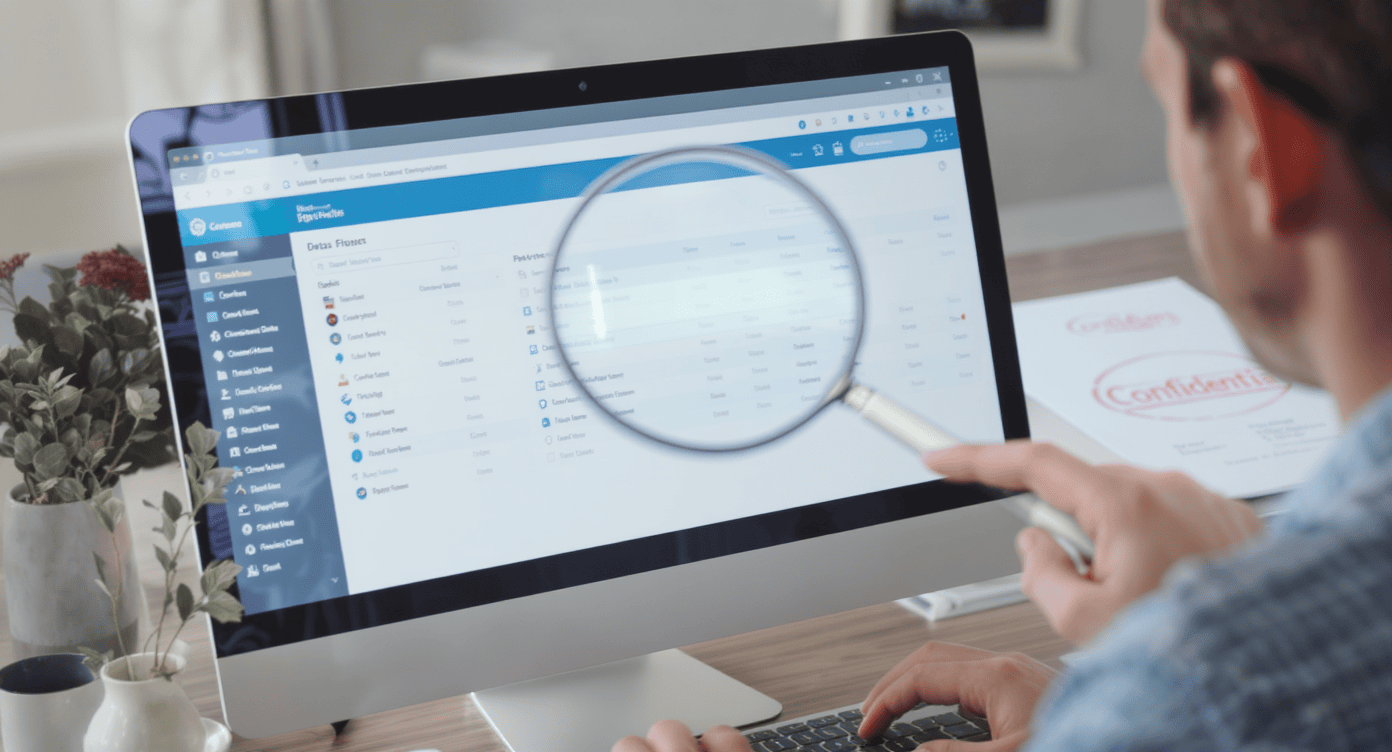 Profissional usando lupa para examinar dados sensíveis em tela de sistema CRM