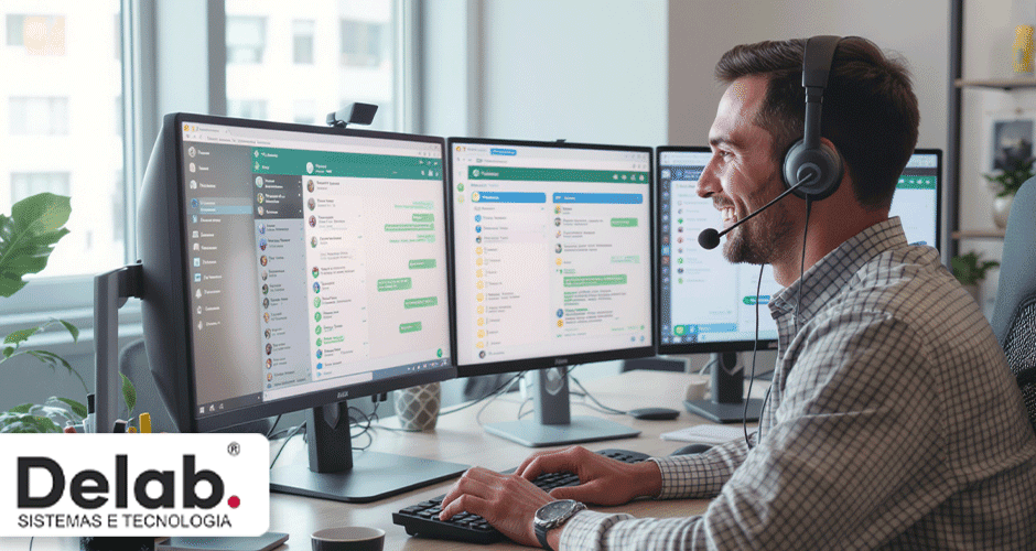 Profissional usando lupa para analisar dados sensíveis em sistema de CRM