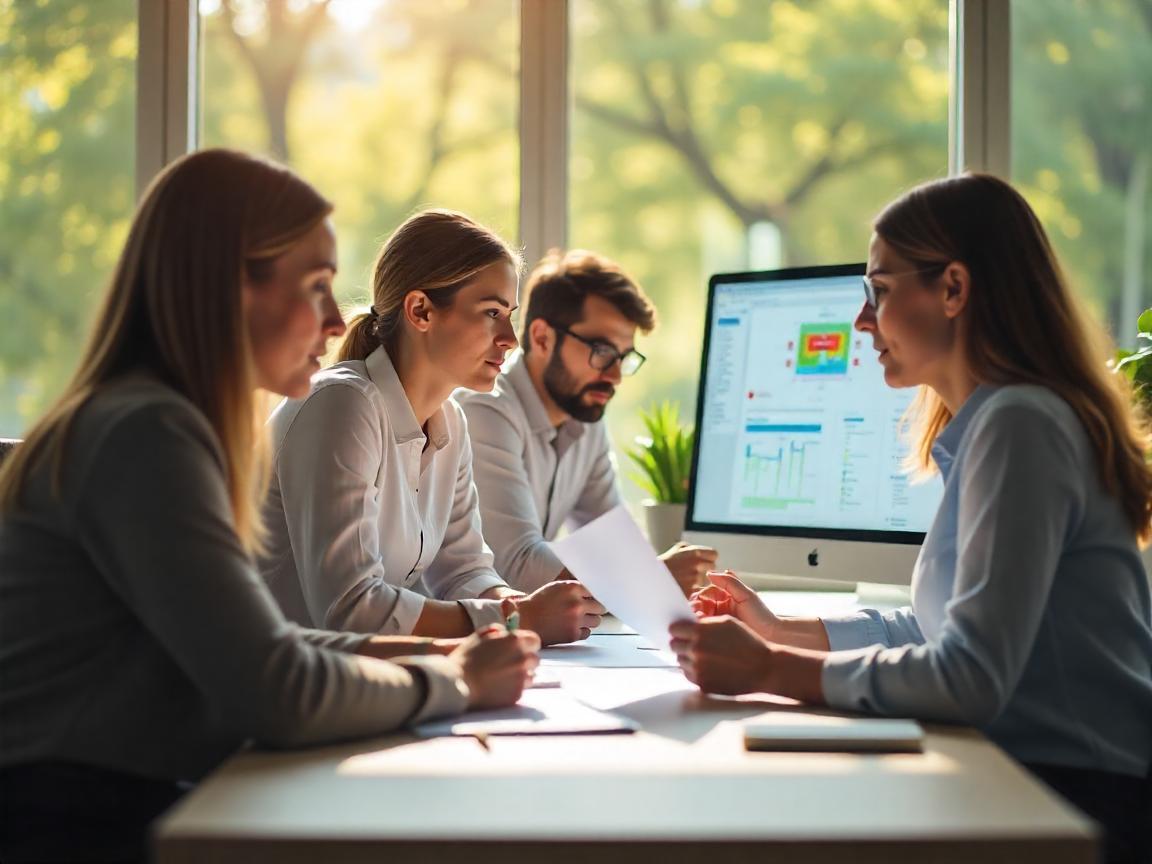 Grupo de profissionais analisando dados e gráficos de CRM e marketing em uma reunião corporativa