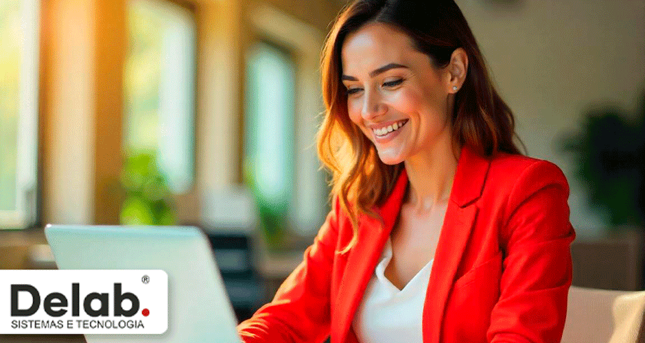Mulher sorridente com blazer vermelho usando um notebook em ambiente de trabalho iluminado