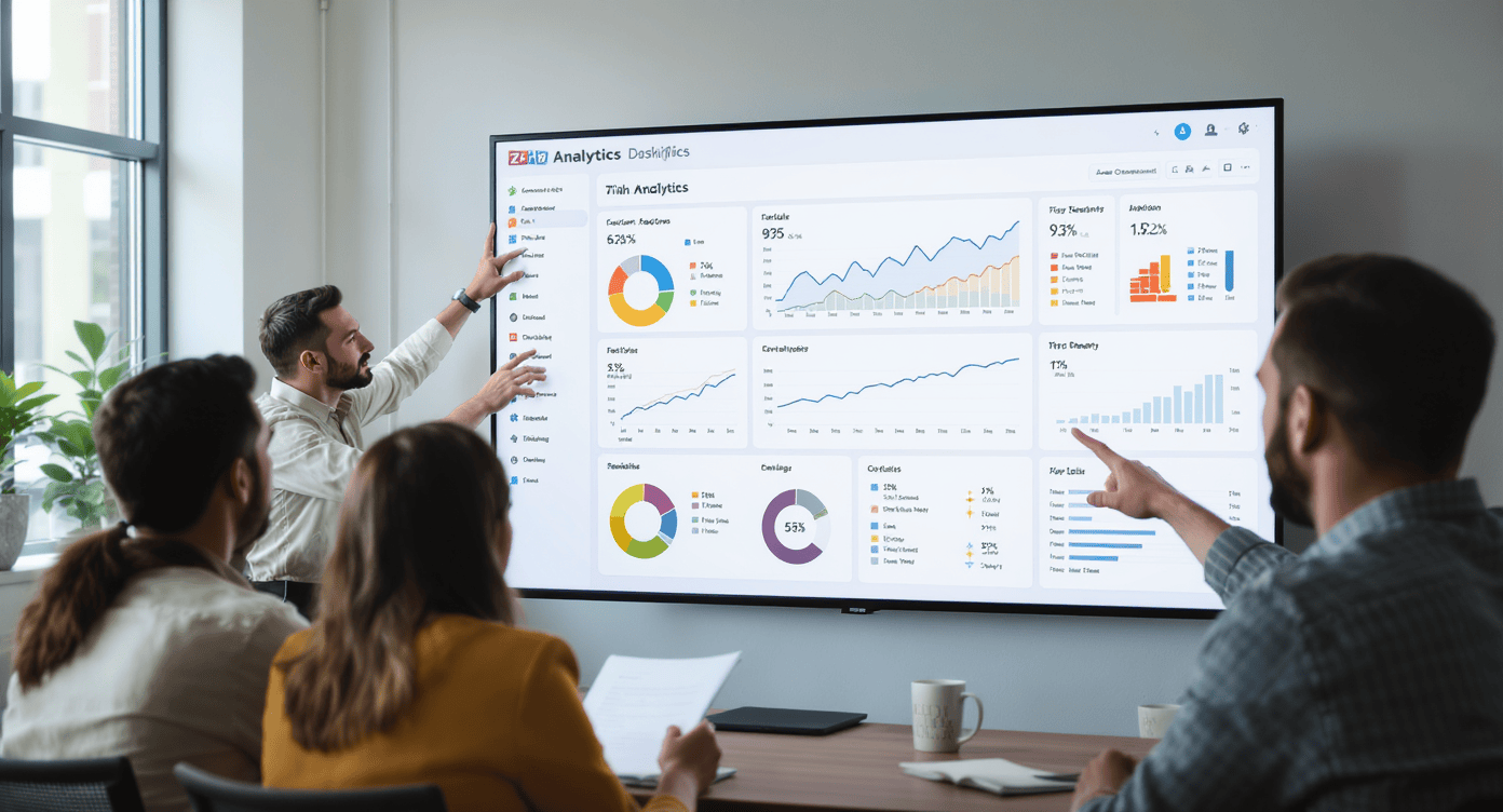 Homem mostra gráficos e KPIs em dashboard do Zoho Analytics