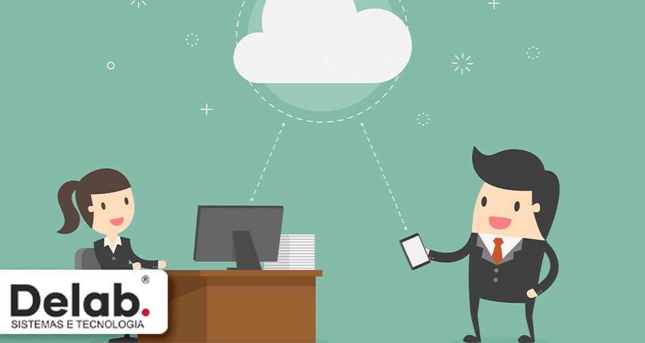 Ilustração de dois personagens conectados a um sistema em nuvem entre computador e celular