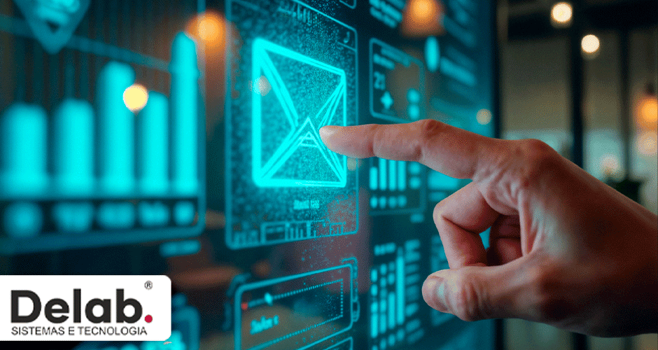 Pessoa interagindo com tela digital que exibe ícone de e-mail e gráficos de automação