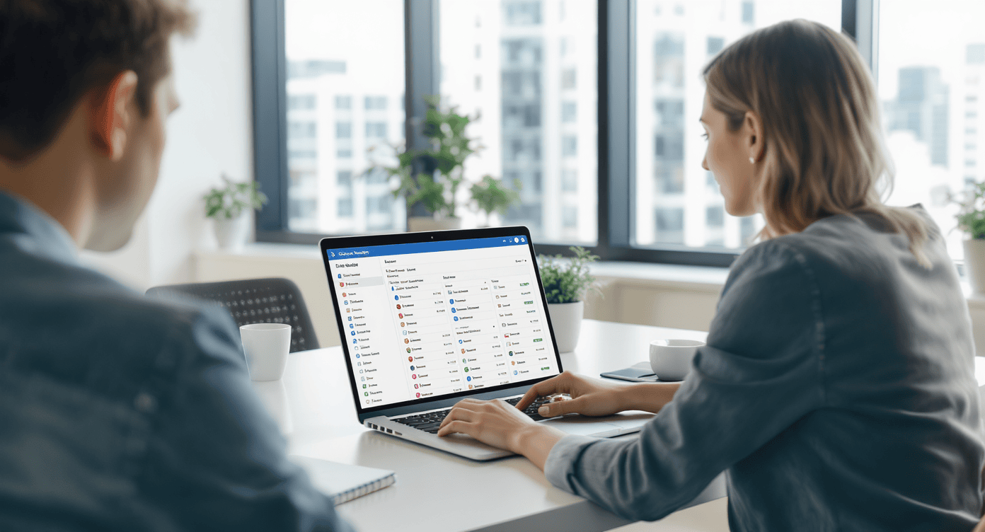 Profissional analisando dados de leads em laptop com painel de segmentação inteligente no Zoho Campaigns