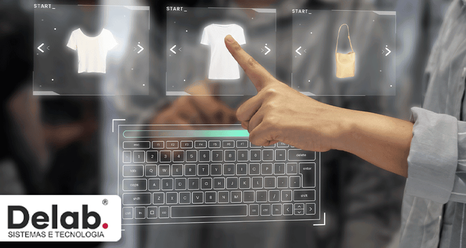 Mão interagindo com interface virtual de e-commerce exibindo roupas e teclado holográfico
