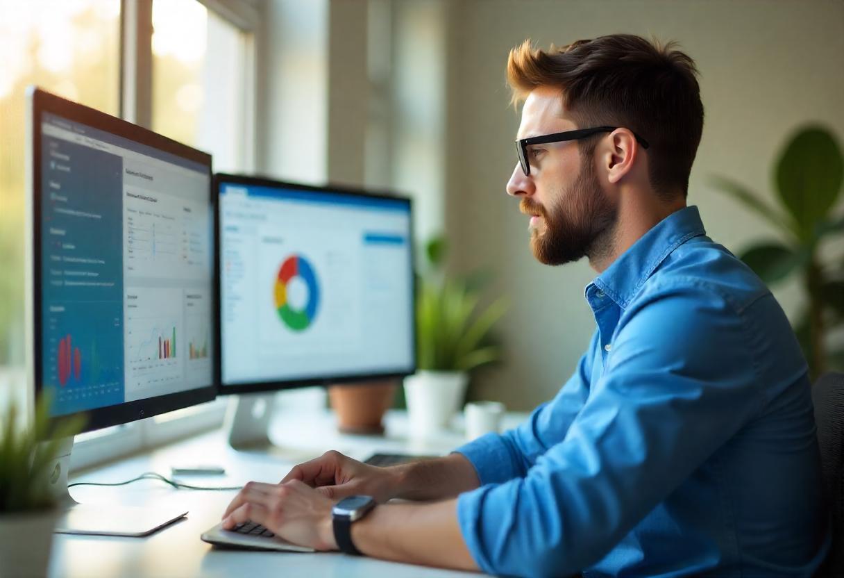Analista de dados utilizando dashboards de BI para decisões estratégicas em ambiente corporativo
