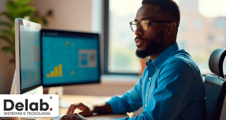 Profissional analisando gráficos em dashboards de BI com dois monitores