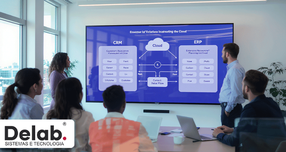 Profissionais reunidos assistindo apresentação sobre integração CRM e ERP na nuvem