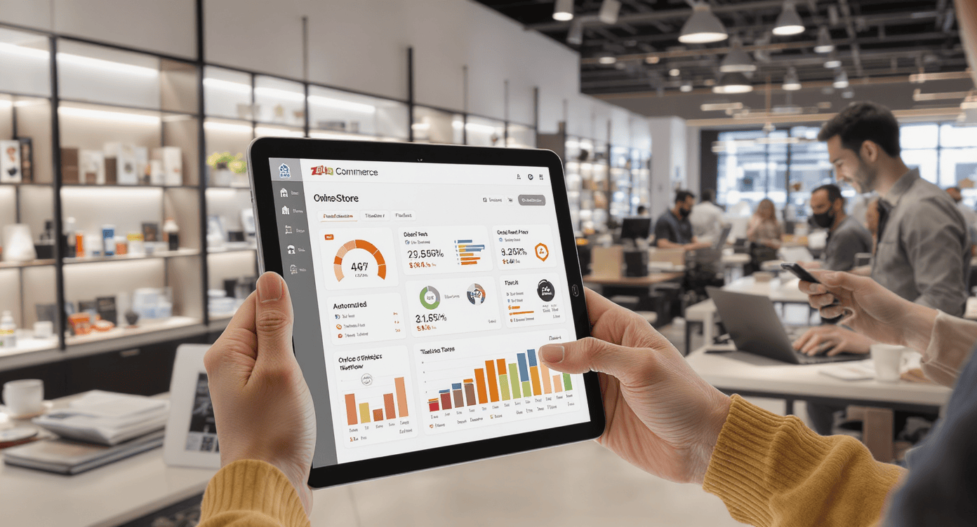 Mãos segurando tablet com dashboard do Zoho Commerce em ambiente de loja moderna