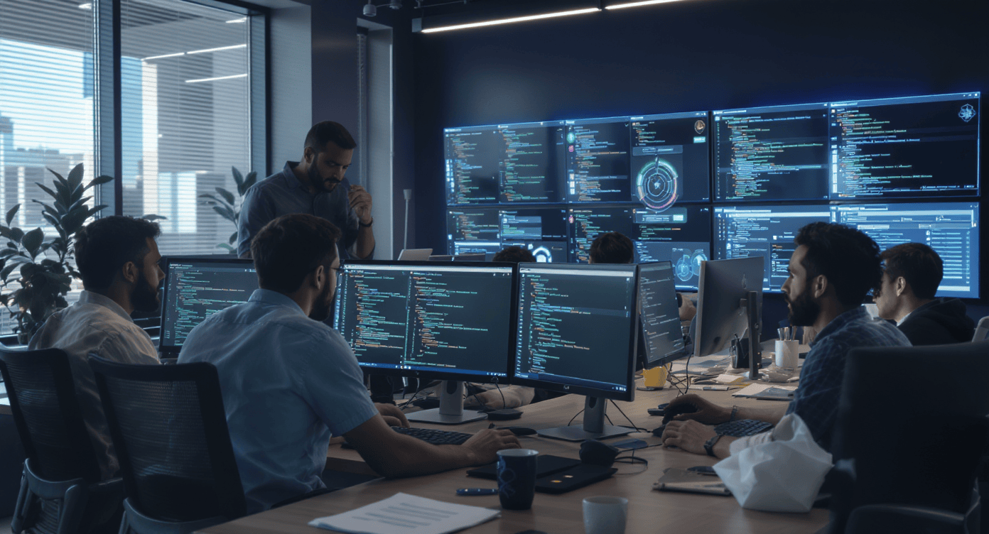 Profissionais monitorando códigos e dashboards em uma central de segurança DevSecOps