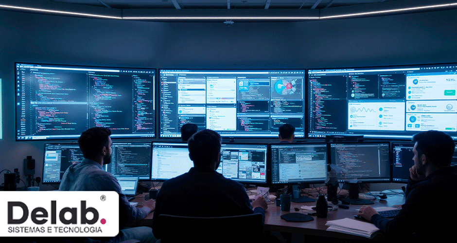 Sala com monitores e equipe DevSecOps monitorando segurança de aplicações